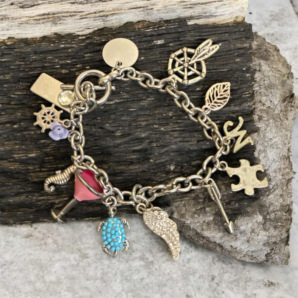 8.5" Silver Tone Charm Bracelet W/12 Charms - Fun Pieces